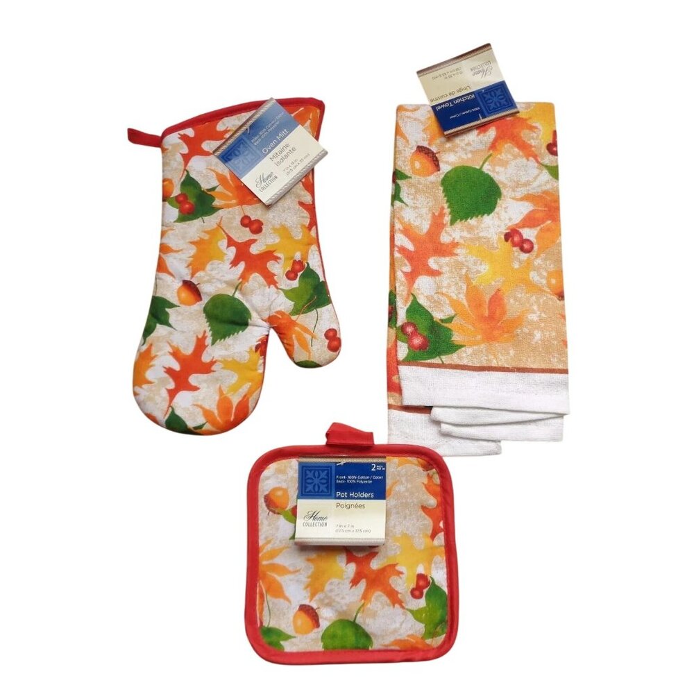 Home Collection Autum Fall Towels Set Oven Mitt Potholders Hand Towel Leaves NEW